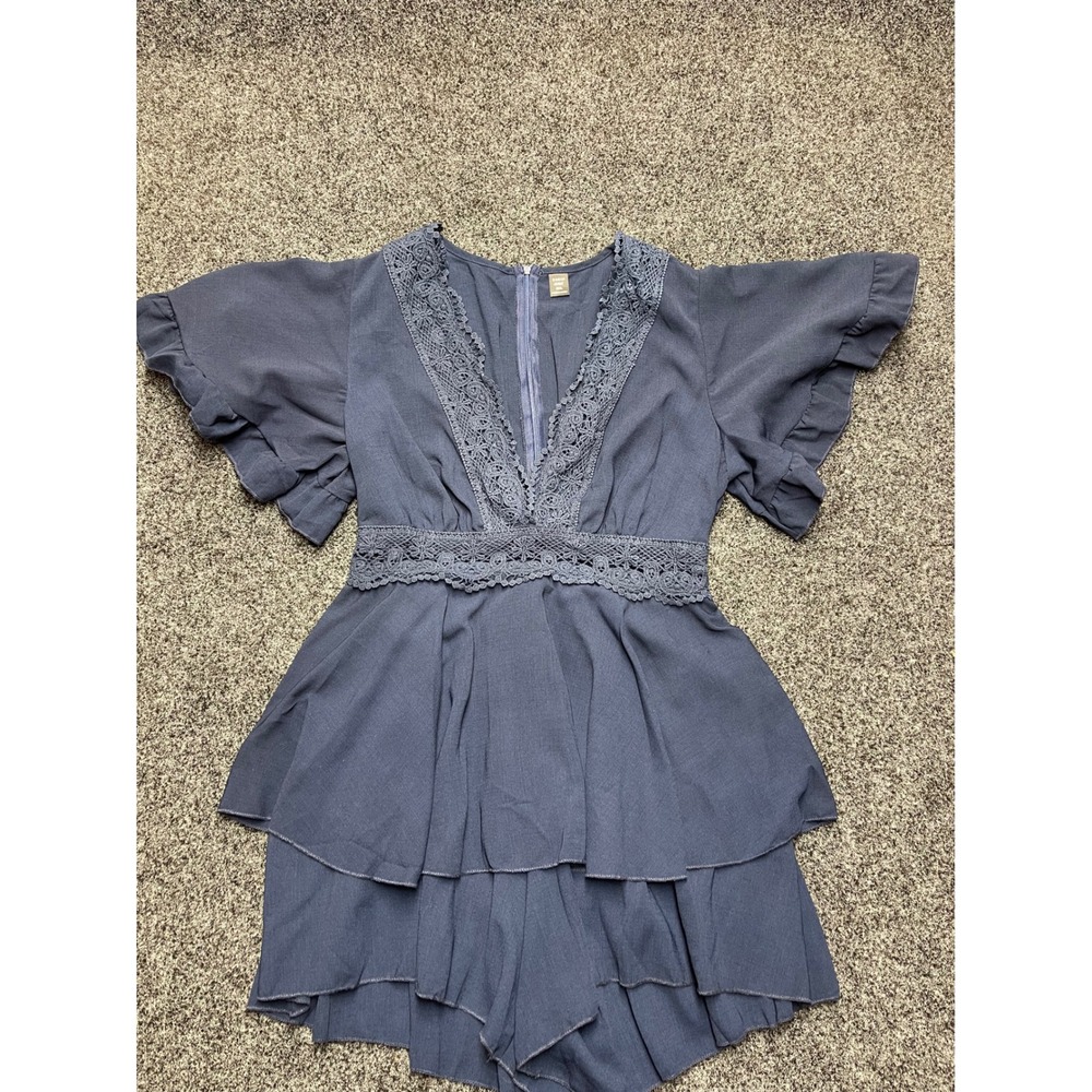 Shein Curve Womens 0XL Blue Lace Trim Ruffle Sleeve Tiered Romper V-Neck Boho